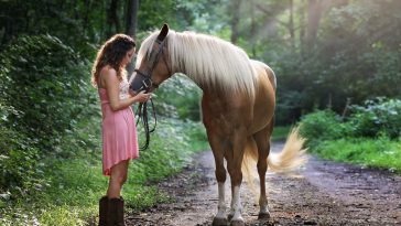 A Woman stands next to her horse in a forest