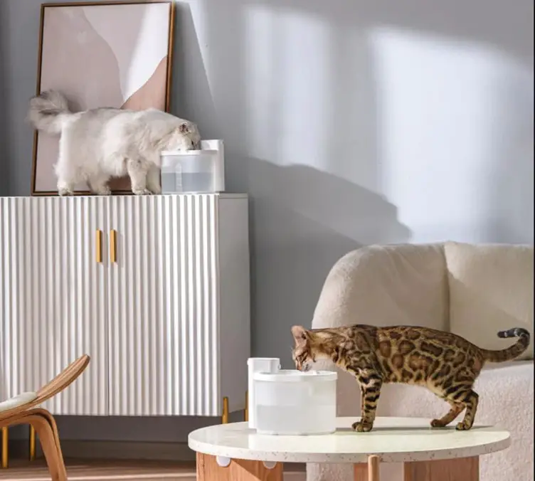 Two cats drinking out of their own wireless cat water fountains. One fountain is on a table and the other is on a cabinet.