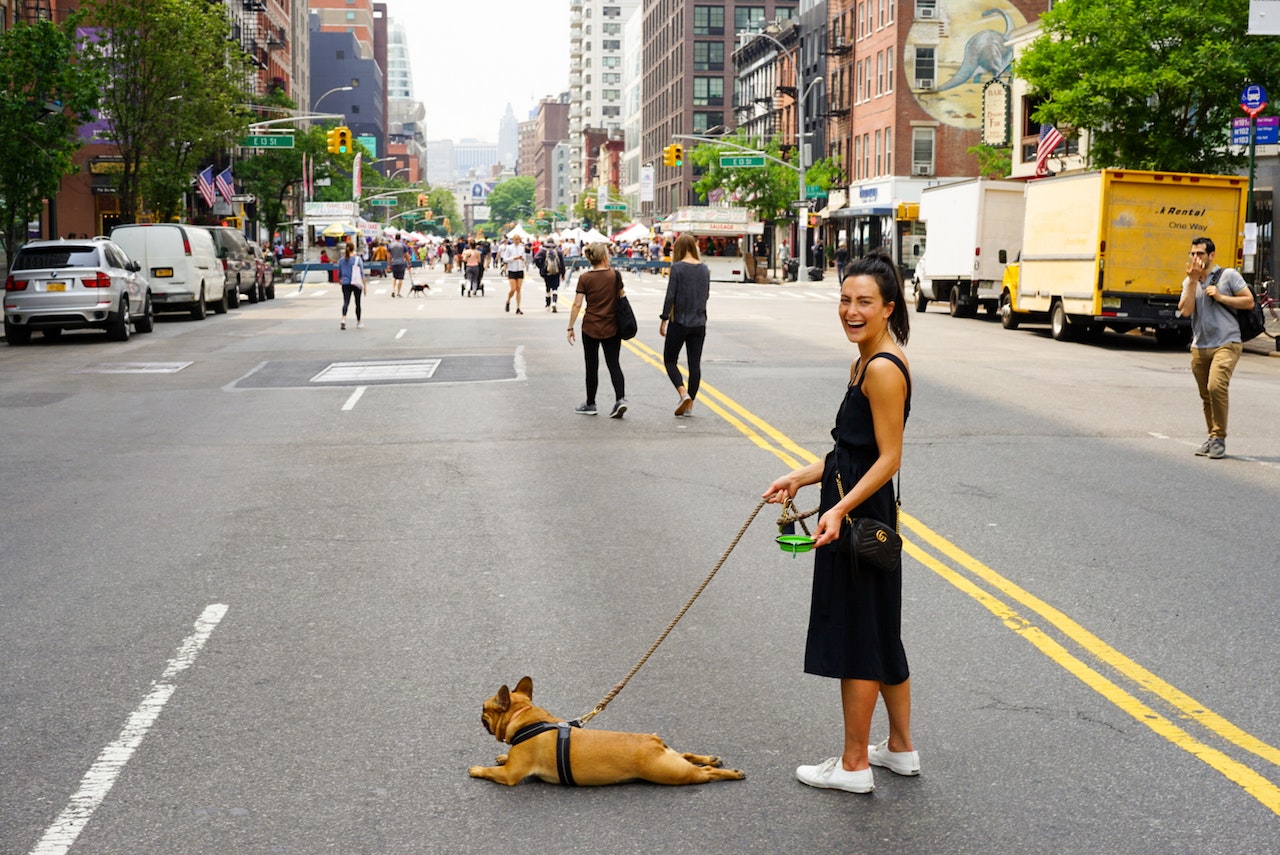 A woman walking her dog in the street in New York City. The dog is laying down in the road and the lady is laughing.